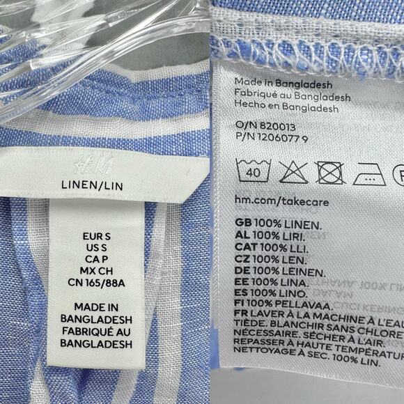 H&M blue striped linen 3/4 sleeve button up cropped top size Small boxy oversize - Picture 5 of 16